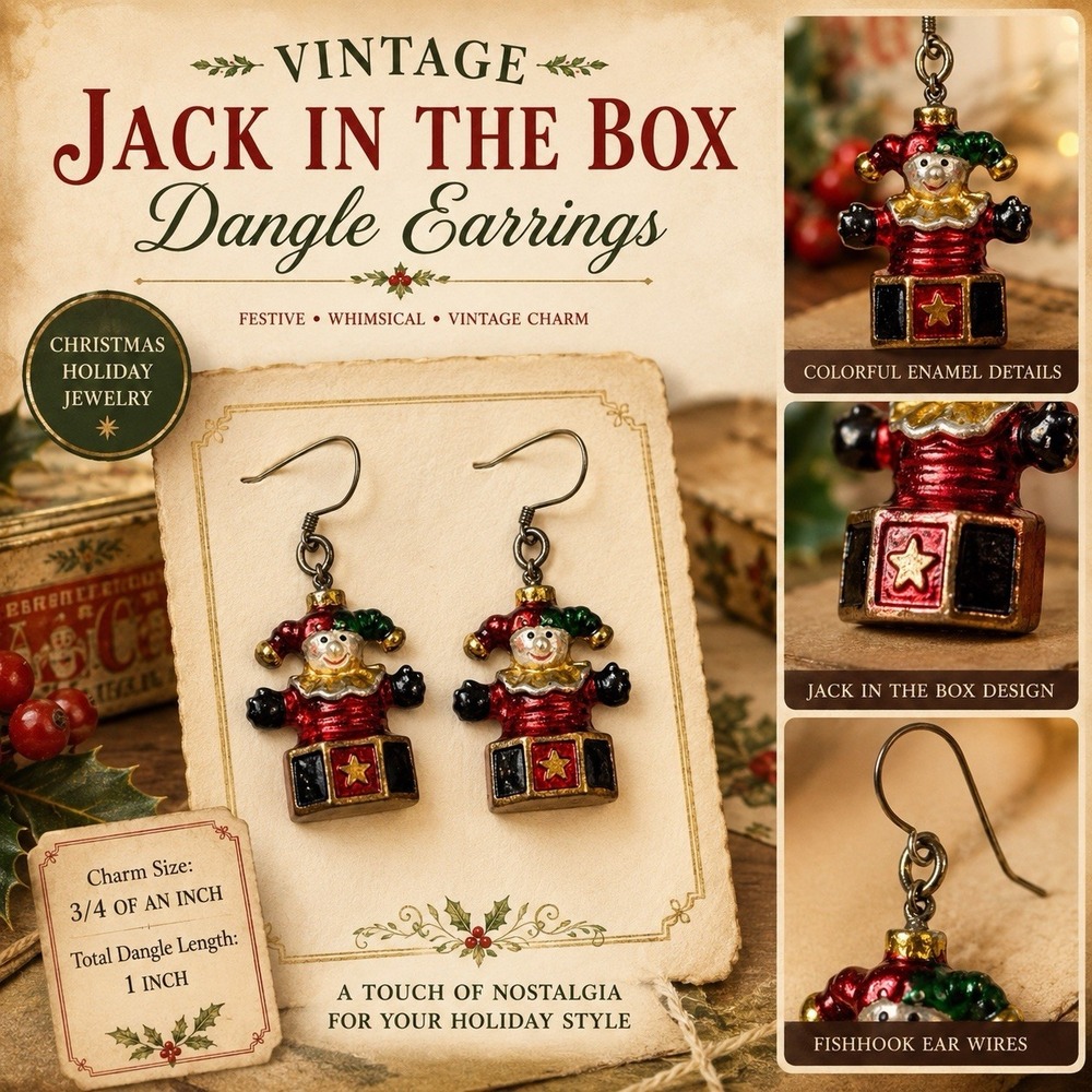 Vintage Christmas Jack In The Box Dangle Earrings Enamel Holiday 1"